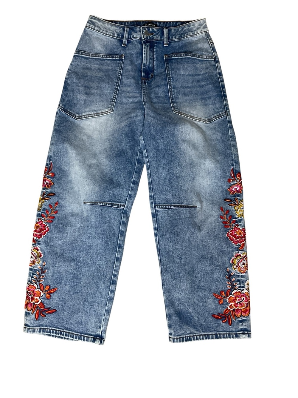 Flamingals Embroidered Floral Wide Leg Cropped Jeans Size Small Boho Cottagecore